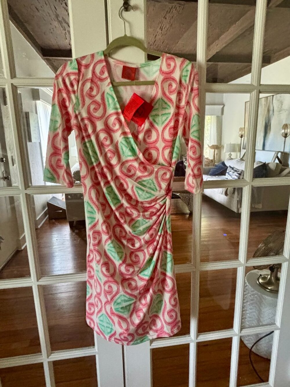 NWT TRACY NEGOSHIAN RUCHED DRESS SIZE XS/S PINK/GREEN/WHITE "WATERCOLOR SWIRLS"